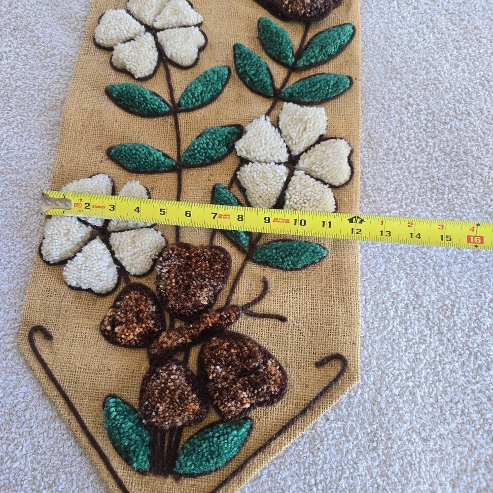 Vtg 1970's BOHO Burlap Flower Butterfly Latch Hook Completed Rug Wall Hanging